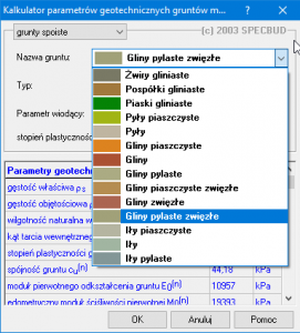 Kalkulator parametrów geotechnicznych gruntów metodą B